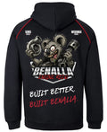 Black hoodie with a graphic design on the back featuring a koala holding pistons and text about Benalla Engine Reco.
