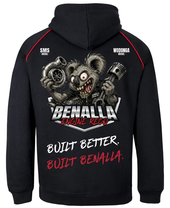 Black hoodie with a graphic design on the back featuring a koala holding pistons and text about Benalla Engine Reco.